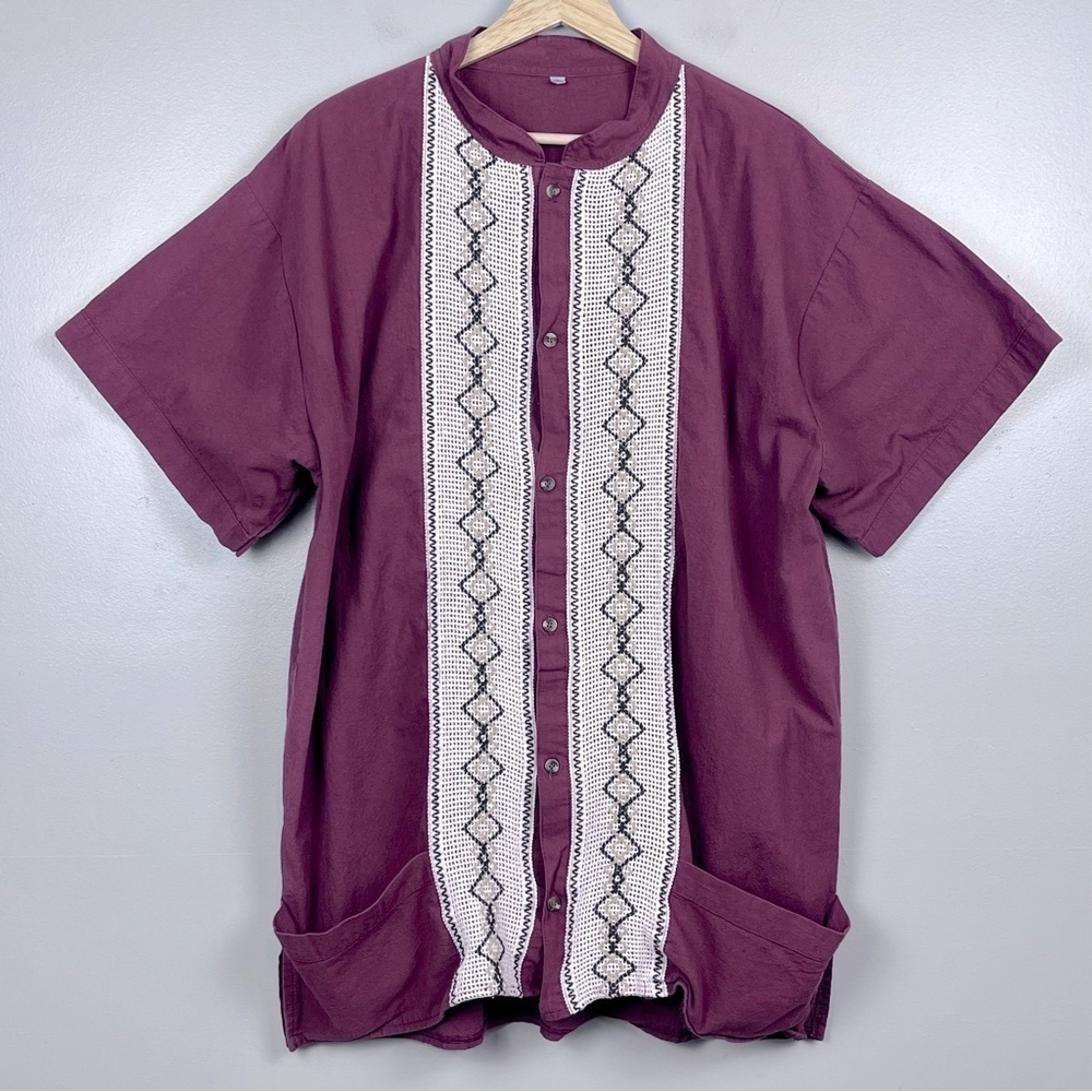Men's Guayabera Style Cuban Shirt with Detailed Front Panels Size XXL; Tropical